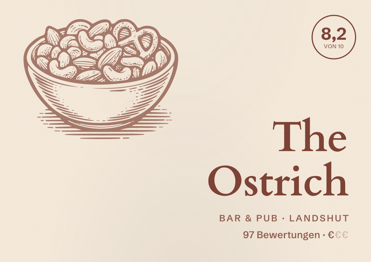 Illustriertes Poster von The Ostrich, Bar & Pub in Landshut: Bewertung 8,2 von 10 aus 97 Bewertungen, Preisniveau €