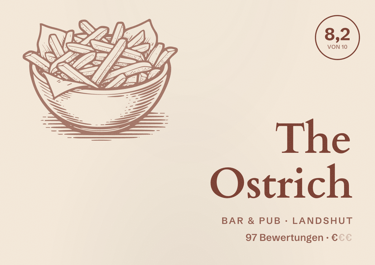 Illustriertes Poster von The Ostrich, Bar & Pub in Landshut: Bewertung 8,2 von 10 aus 97 Bewertungen, Preisniveau €