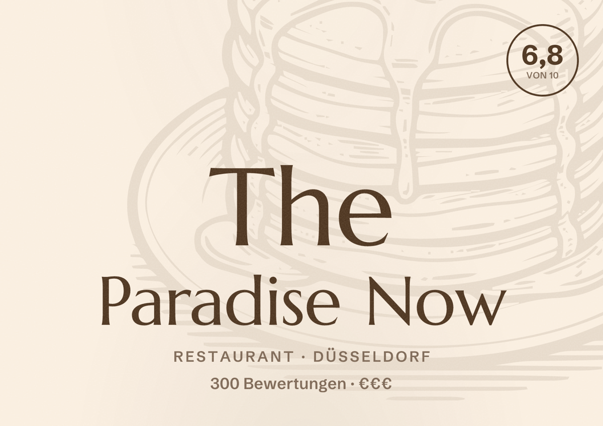 Illustriertes Poster von The Paradise Now, Restaurant in Düsseldorf: Bewertung 6,8 von 10 aus 300 Bewertungen, Preisniveau €€€