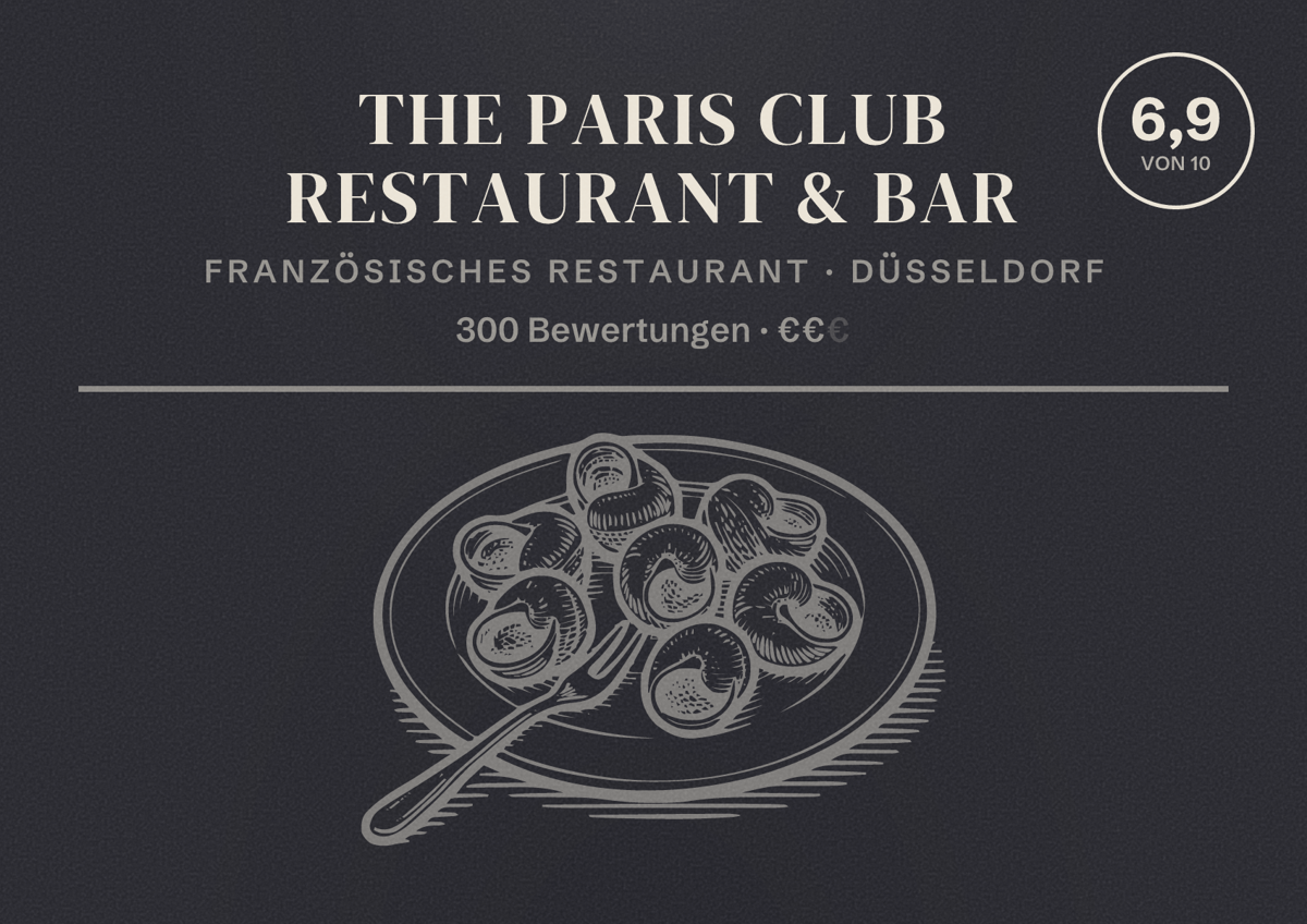 Illustriertes Poster von The Paris Club Restaurant & Bar, Französisches Restaurant in Düsseldorf: Bewertung 6,9 von 10 aus 300 Bewertungen, Preisniveau €€