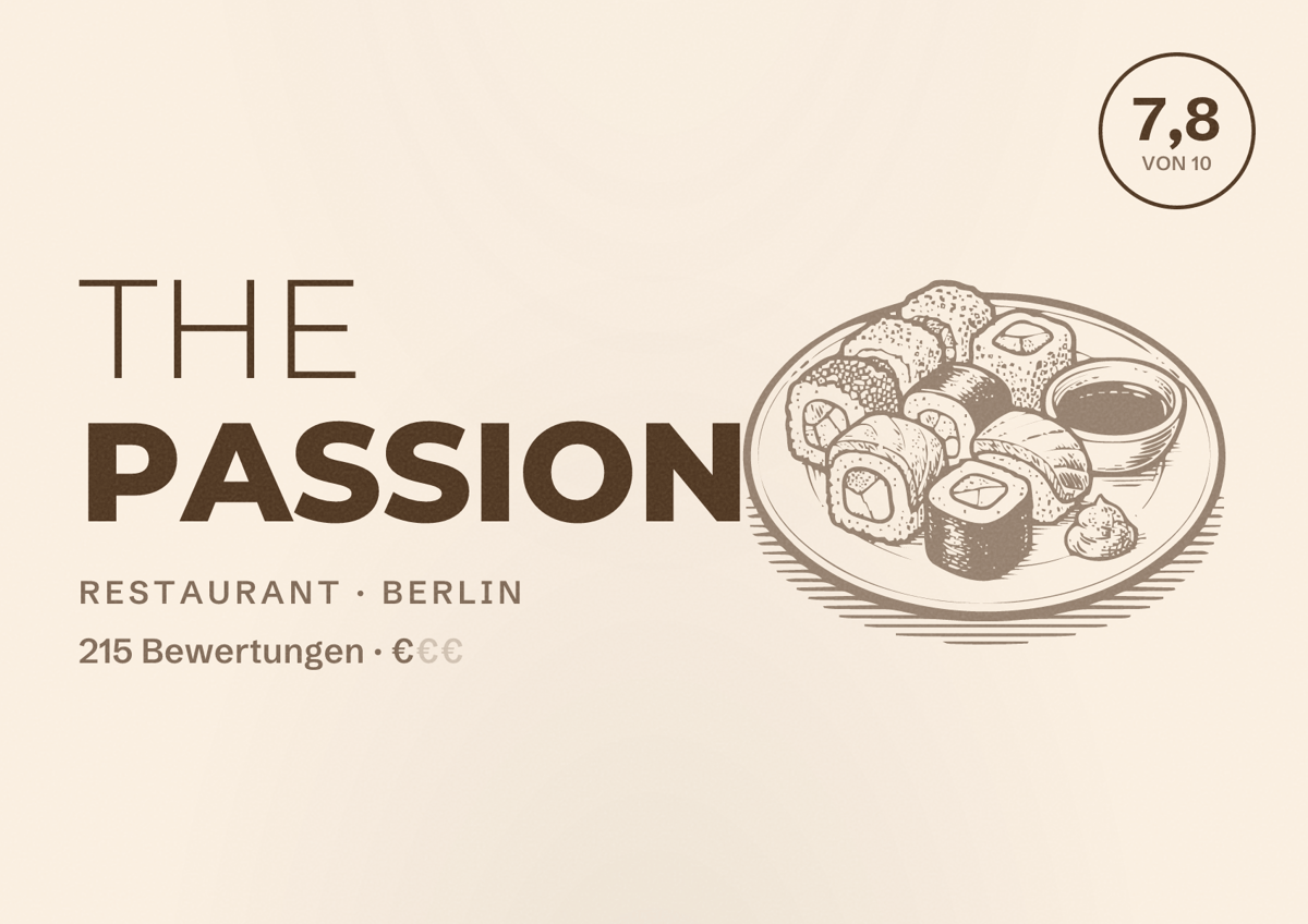 Illustriertes Poster von THE PASSION, Restaurant in Berlin: Bewertung 7,8 von 10 aus 215 Bewertungen, Preisniveau €