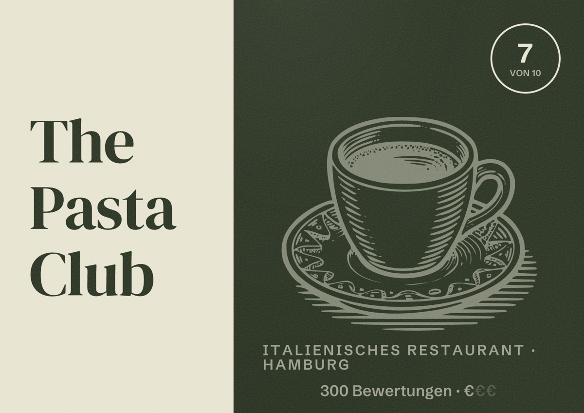 Illustriertes Poster von The Pasta Club, Italienisches Restaurant in Hamburg: Bewertung 7,0 von 10 aus 300 Bewertungen, Preisniveau €