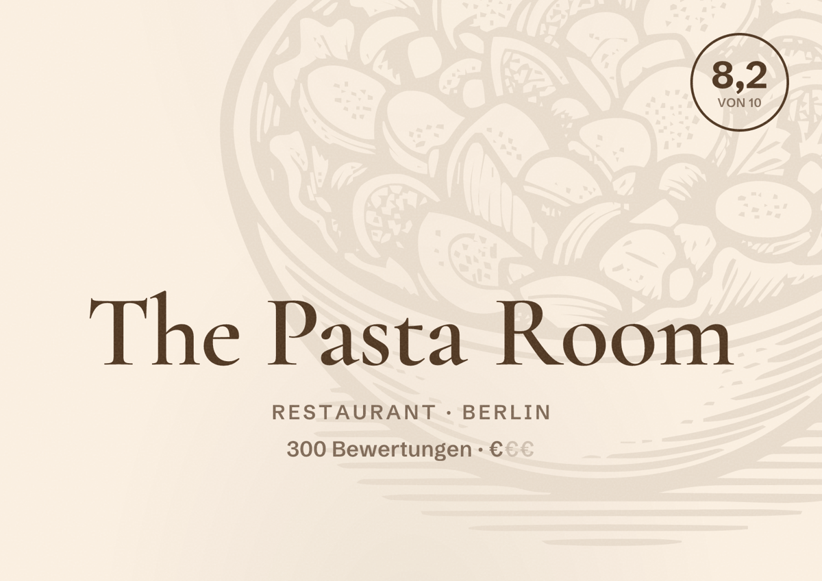 Illustriertes Poster von The Pasta Room, Restaurant in Berlin: Bewertung 8,2 von 10 aus 300 Bewertungen, Preisniveau €