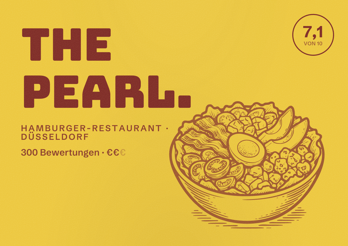 Illustriertes Poster von The Pearl., Hamburger-Restaurant in Düsseldorf: Bewertung 7,1 von 10 aus 300 Bewertungen, Preisniveau €€