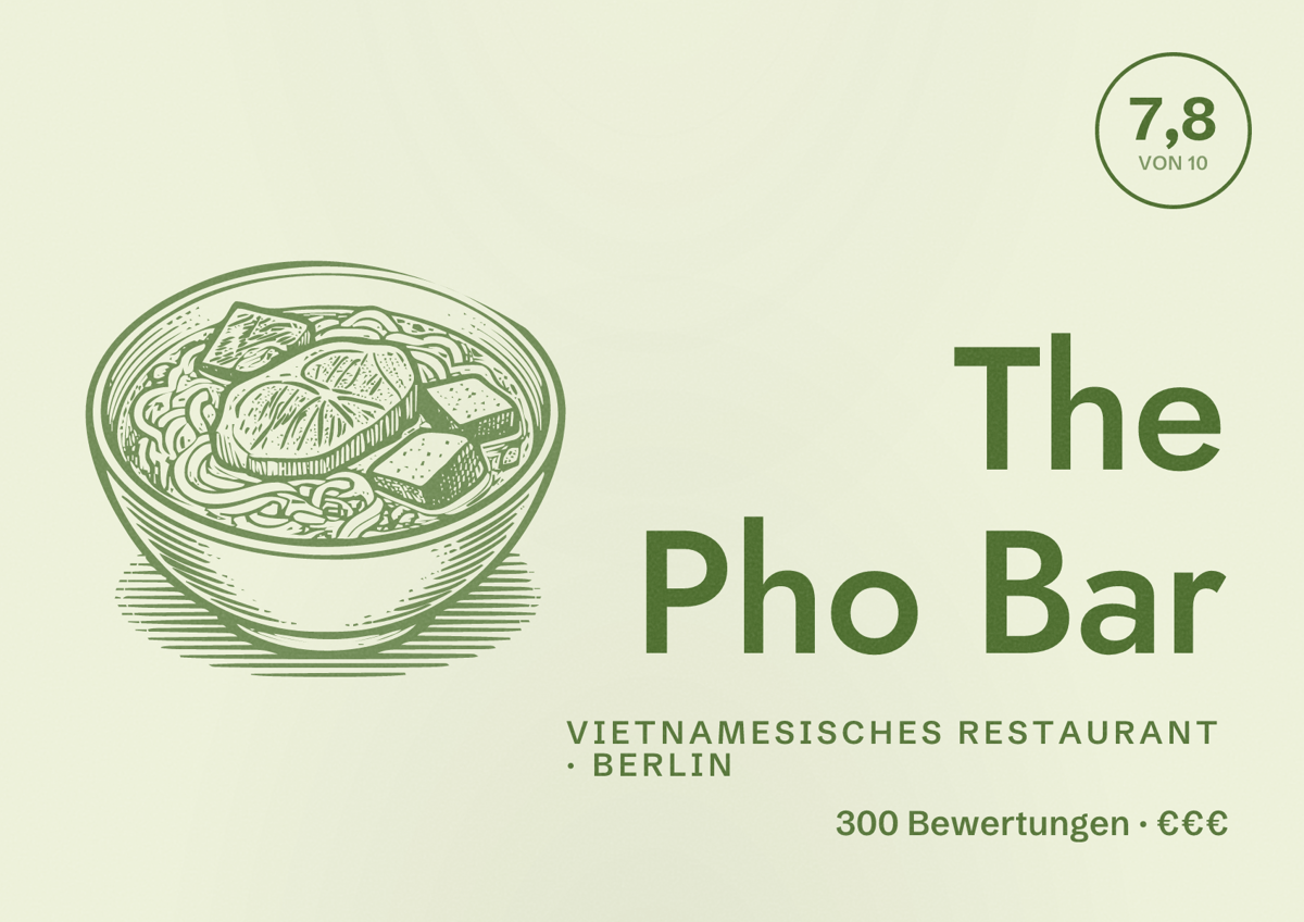 Illustriertes Poster von The Pho Bar, Vietnamesisches Restaurant in Berlin: Bewertung 7,8 von 10 aus 300 Bewertungen, Preisniveau €€€