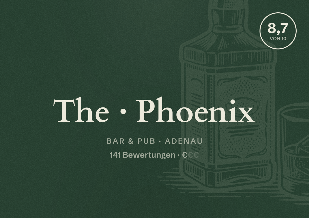Illustriertes Poster von The Phoenix, Bar & Pub in Adenau: Bewertung 8,7 von 10 aus 141 Bewertungen, Preisniveau €