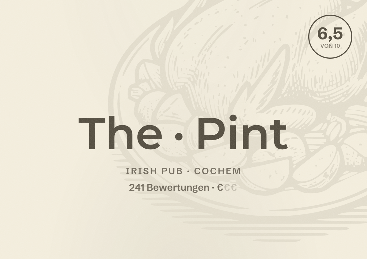 Illustriertes Poster von The Pint, Irish Pub in Cochem: Bewertung 6,5 von 10 aus 241 Bewertungen, Preisniveau €
