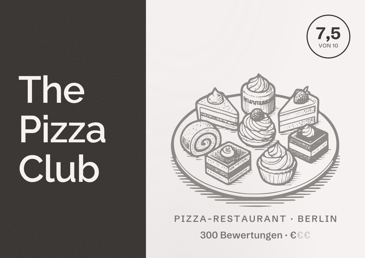 Illustriertes Poster von The Pizza Club, Pizza-Restaurant in Berlin: Bewertung 7,5 von 10 aus 300 Bewertungen, Preisniveau €