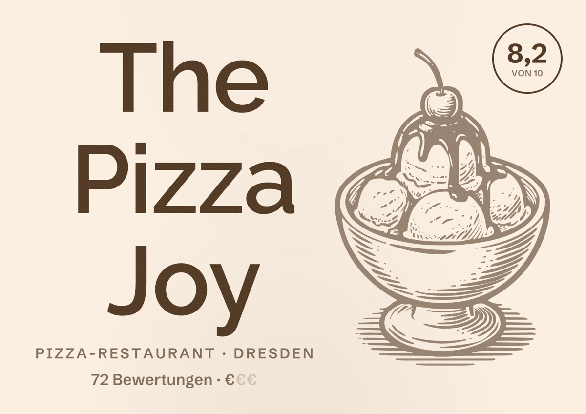 Illustriertes Poster von The Pizza Joy, Pizza-Restaurant in Dresden: Bewertung 8,2 von 10 aus 72 Bewertungen, Preisniveau €