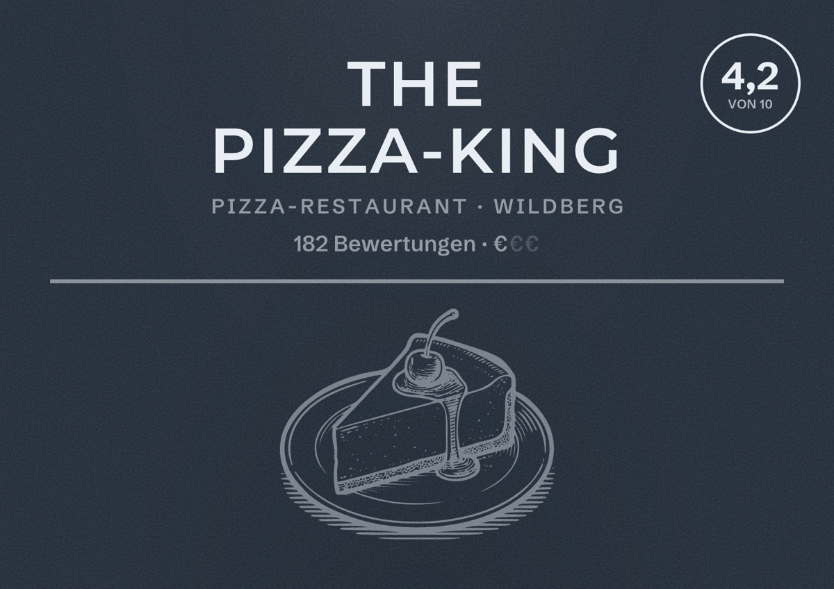Illustriertes Poster von The Pizza-King, Pizza-Restaurant in Wildberg: Bewertung 4,2 von 10 aus 182 Bewertungen, Preisniveau €