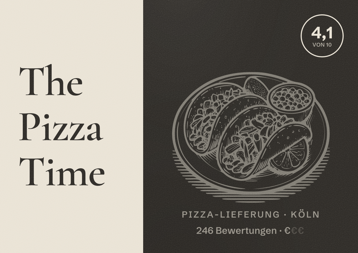 Illustriertes Poster von The Pizza Time, Pizza-Lieferung in Köln: Bewertung 4,1 von 10 aus 246 Bewertungen, Preisniveau €