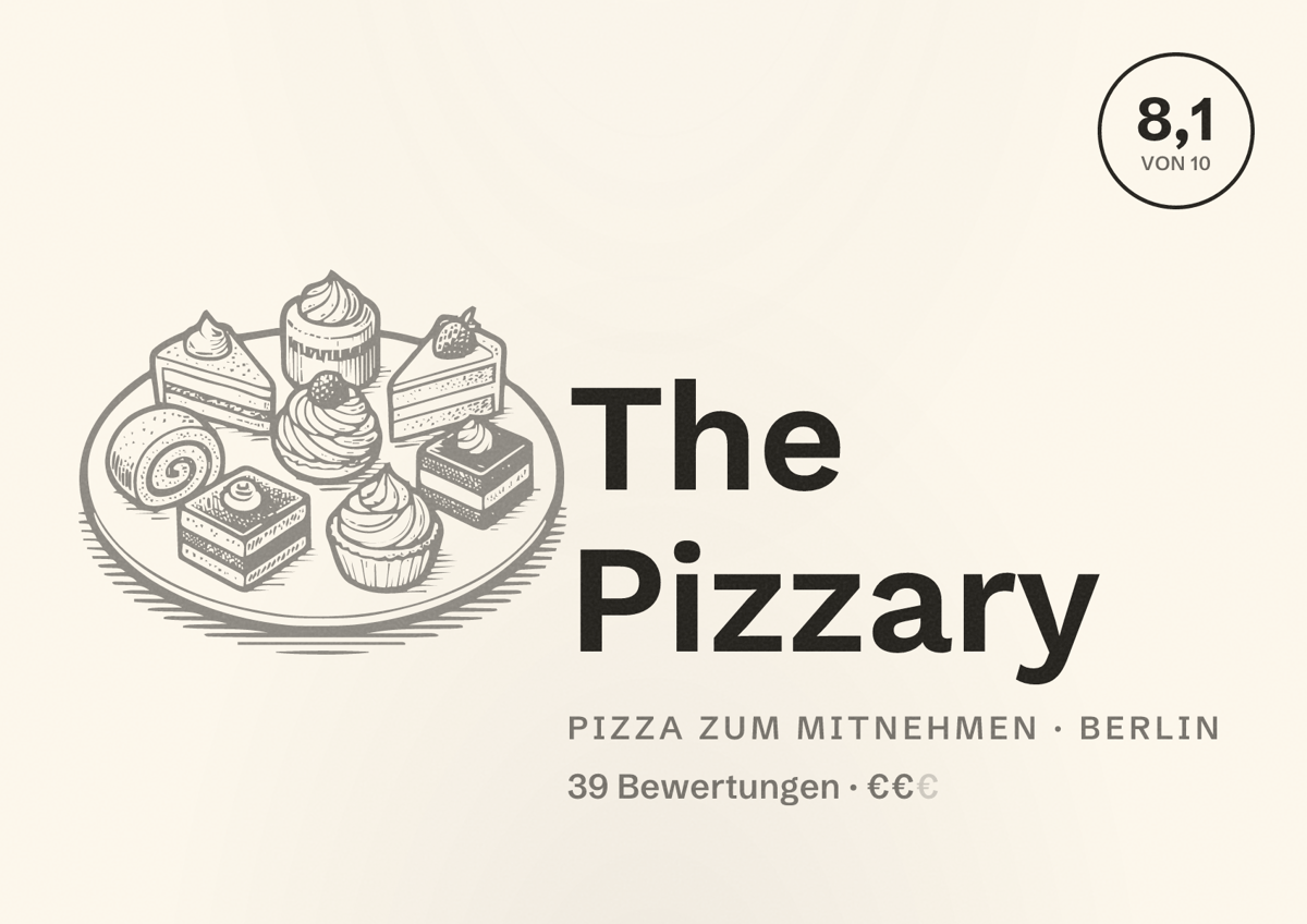 Illustriertes Poster von The Pizzary, Pizza zum Mitnehmen in Berlin: Bewertung 8,1 von 10 aus 39 Bewertungen, Preisniveau €€