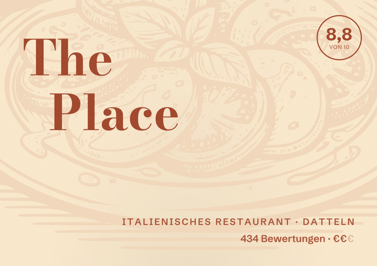 Illustriertes Poster von The Place, Italienisches Restaurant in Datteln: Bewertung 8,8 von 10 aus 434 Bewertungen, Preisniveau €€