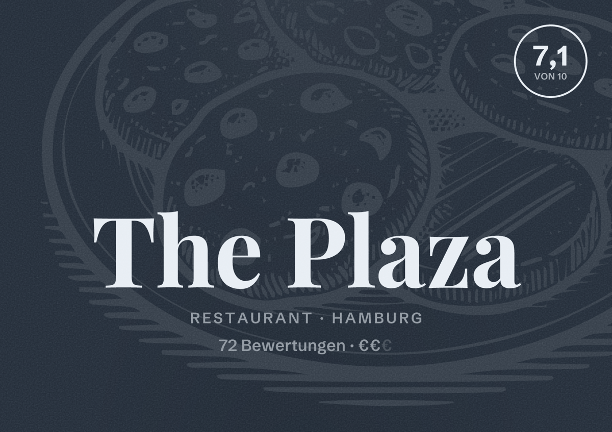 Illustriertes Poster von The Plaza, Restaurant in Hamburg: Bewertung 7,1 von 10 aus 72 Bewertungen, Preisniveau €€