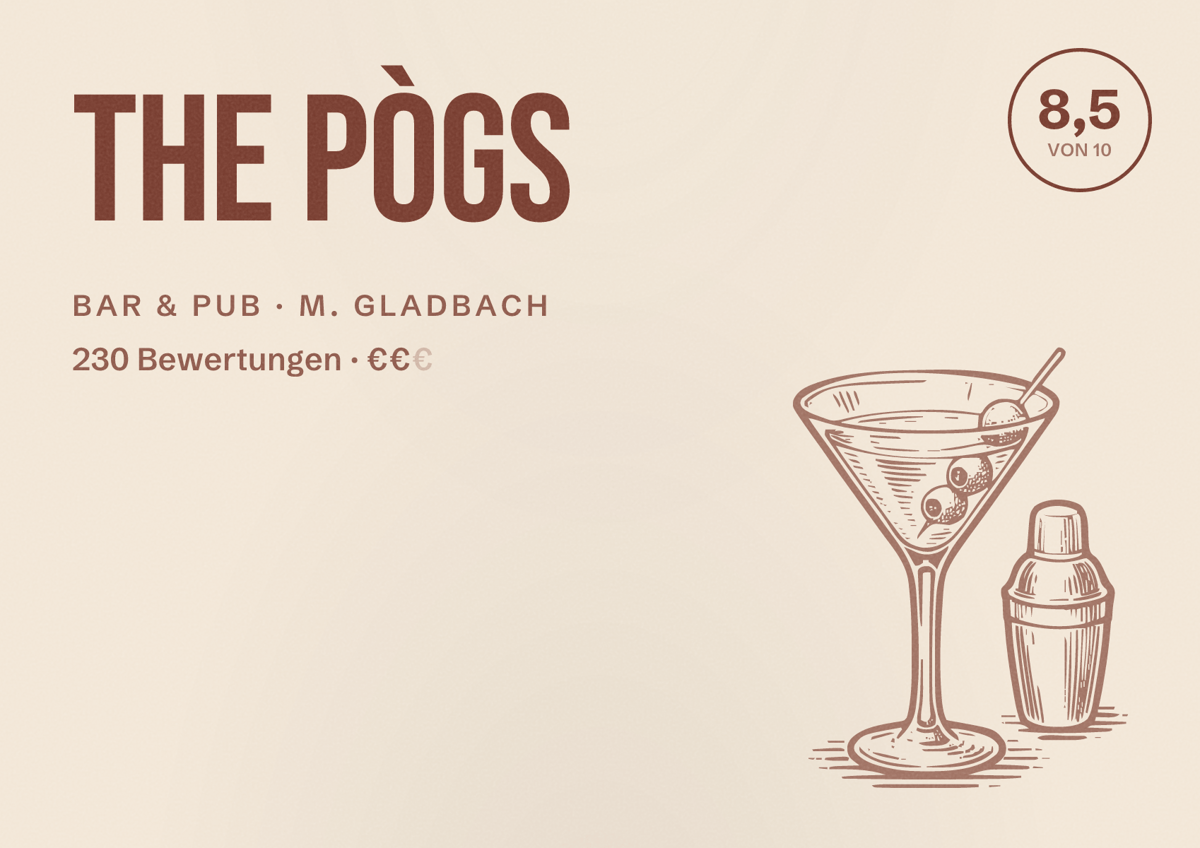 Illustriertes Poster von The Pògs, Bar & Pub in M. Gladbach: Gästebewertung 8,5 von 10 aus 230 Bewertungen