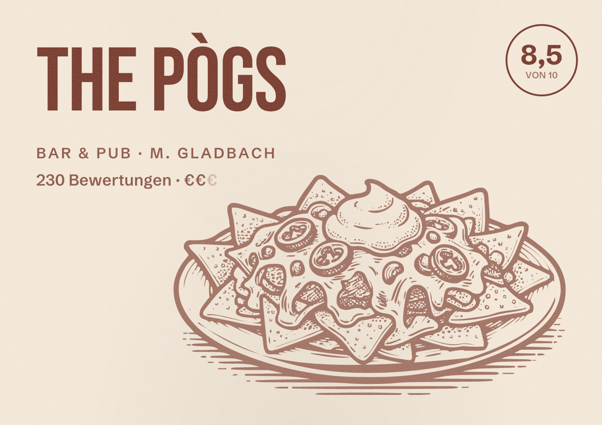 Illustriertes Poster von The Pògs, Bar & Pub in M. Gladbach: Bewertung 8,5 von 10 aus 230 Bewertungen, Preisniveau €€