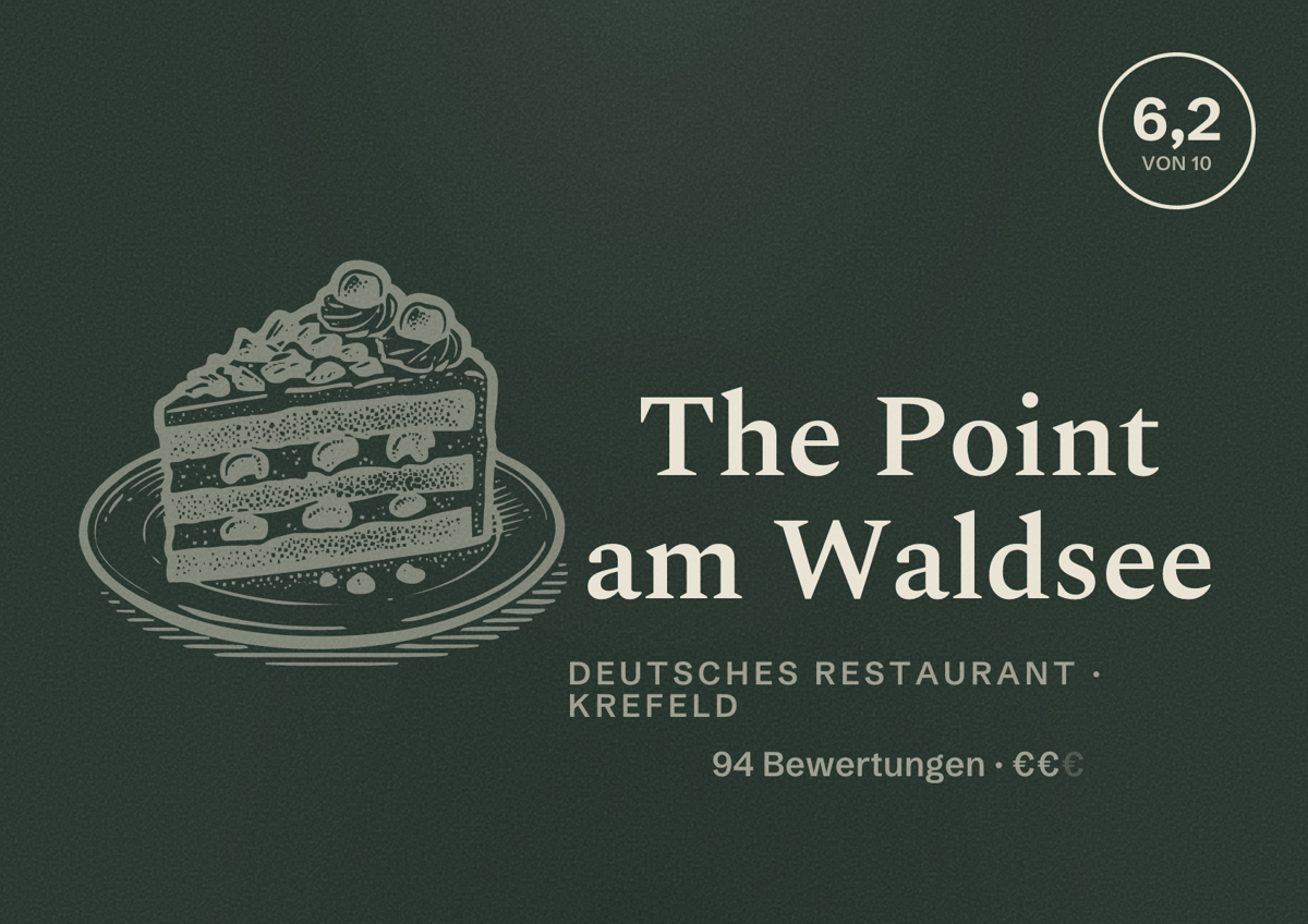 Illustriertes Poster von The Point am Waldsee, Deutsches Restaurant in Krefeld: Bewertung 6,2 von 10 aus 94 Bewertungen, Preisniveau €€