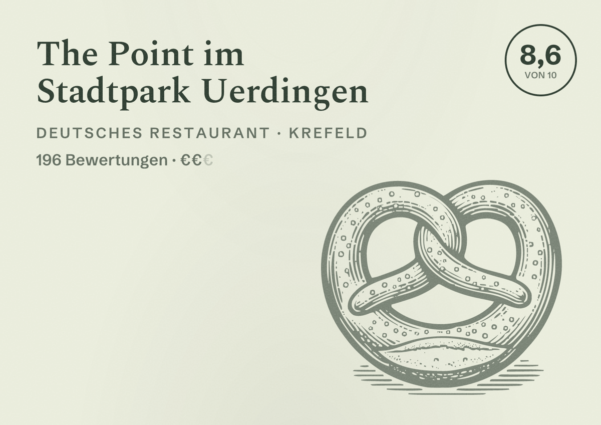 Illustriertes Poster von The Point im Stadtpark Uerdingen, Deutsches Restaurant in Krefeld: Gästebewertung 8,6 von 10 aus 196 Bewertungen