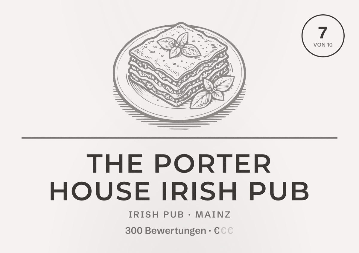 Illustriertes Poster von The Porter House Irish Pub, Irish Pub in Mainz: Bewertung 7 von 10 aus 300 Bewertungen, Preisniveau €
