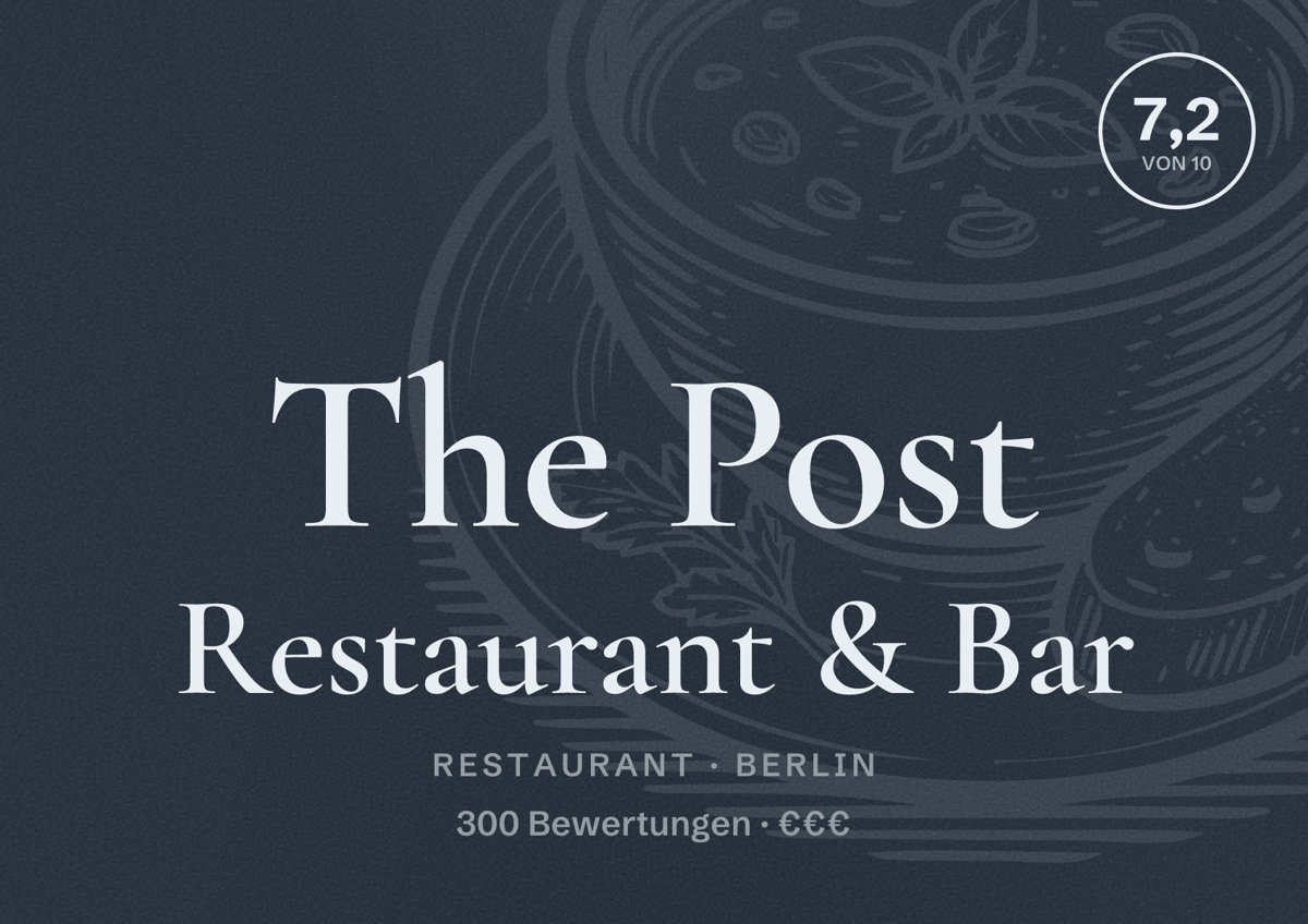 Illustriertes Poster von The Post Restaurant & Bar, Restaurant in Berlin: Bewertung 7,2 von 10 aus 300 Bewertungen, Preisniveau €€€
