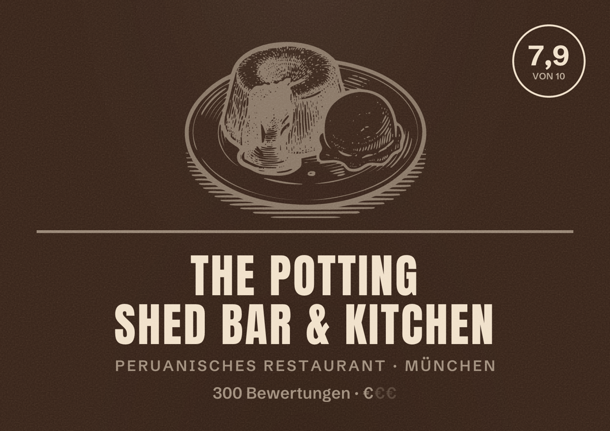 Illustriertes Poster von The Potting Shed Bar & Kitchen, Peruanisches Restaurant in München: Bewertung 7,9 von 10 aus 300 Bewertungen, Preisniveau €