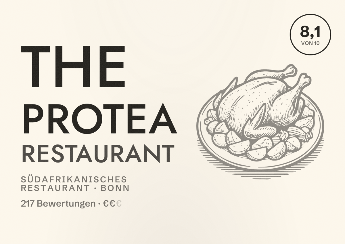 Illustriertes Poster von the protea restaurant, Südafrikanisches Restaurant in Bonn: Bewertung 8,1 von 10 aus 217 Bewertungen, Preisniveau €€