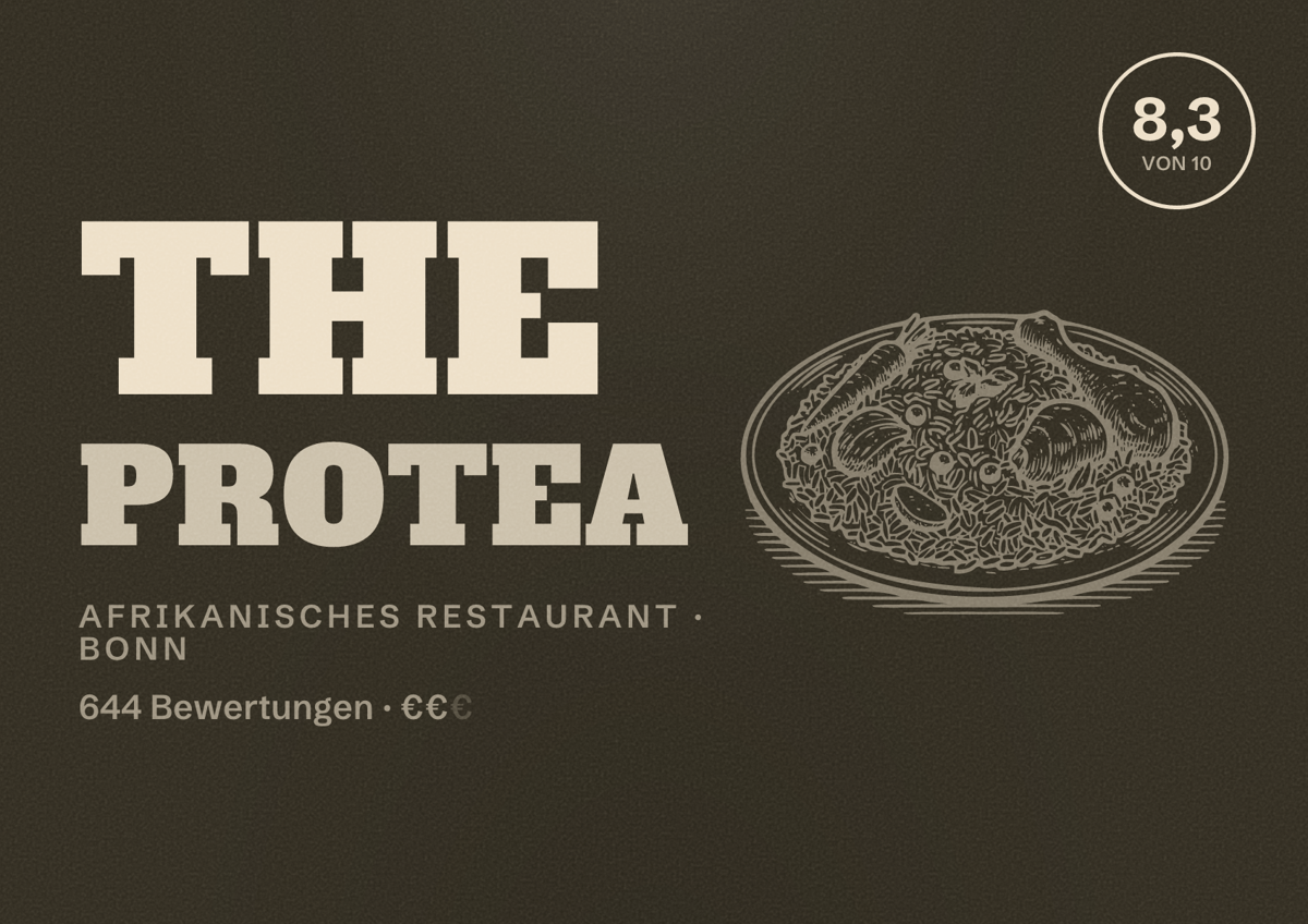 Illustriertes Poster von the protea, Afrikanisches Restaurant in Bonn: Bewertung 8,3 von 10 aus 644 Bewertungen, Preisniveau €€