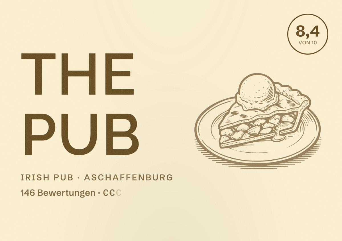 Illustriertes Poster von The Pub, Irish Pub in Aschaffenburg: Bewertung 8,4 von 10 aus 146 Bewertungen, Preisniveau €€