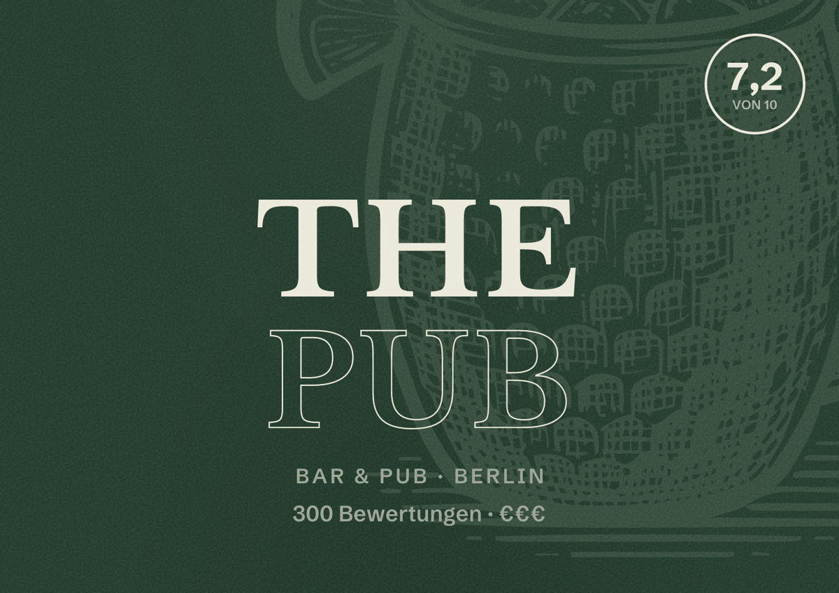 Illustriertes Poster von The Pub, Bar & Pub in Berlin: Bewertung 7,2 von 10 aus 300 Bewertungen, Preisniveau €€€