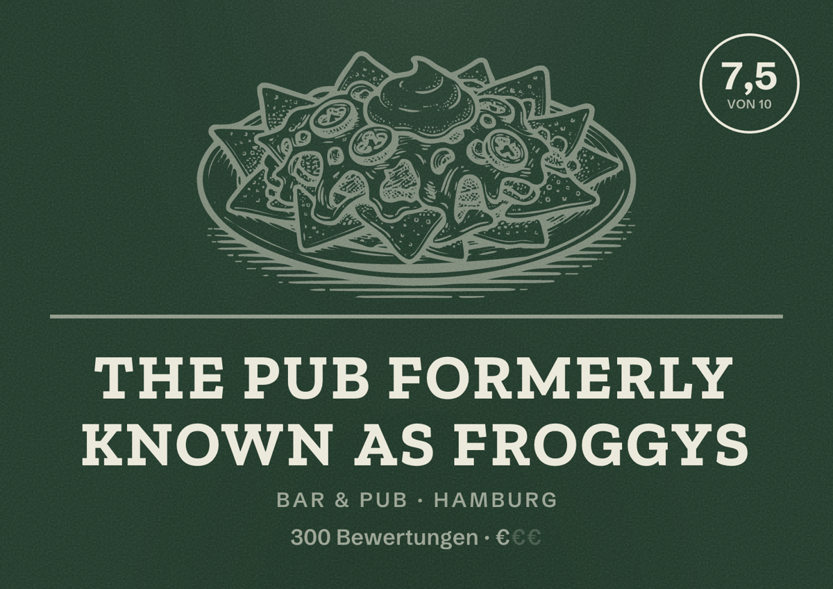 Illustriertes Poster von The Pub formerly known as Froggys, Bar & Pub in Hamburg: Bewertung 7,5 von 10 aus 300 Bewertungen, Preisniveau €