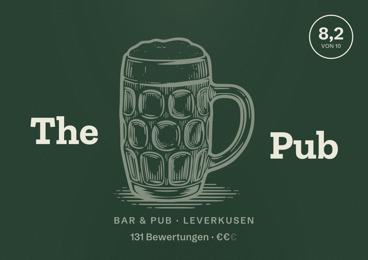 Illustriertes Poster von The Pub, Bar & Pub in Leverkusen: Gästebewertung 8,2 von 10 aus 131 Bewertungen