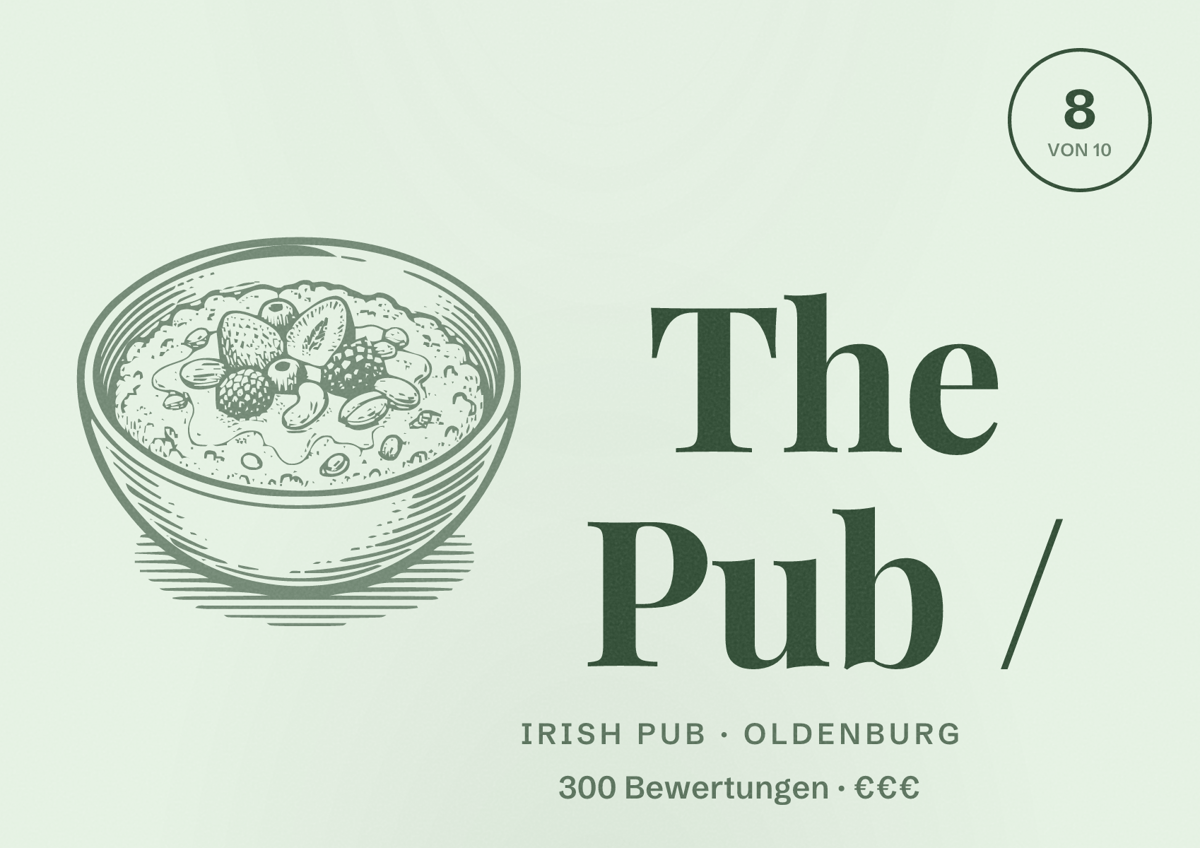 Illustriertes Poster von The Pub /, Irish Pub in Oldenburg: Bewertung 8,0 von 10 aus 300 Bewertungen, Preisniveau €€€