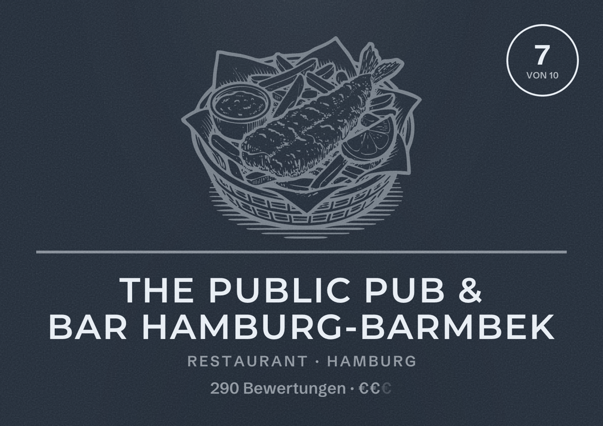 Illustriertes Poster von The Public pub & bar Hamburg-Barmbek, Restaurant in Hamburg: Bewertung 7,0 von 10 aus 290 Bewertungen, Preisniveau €€