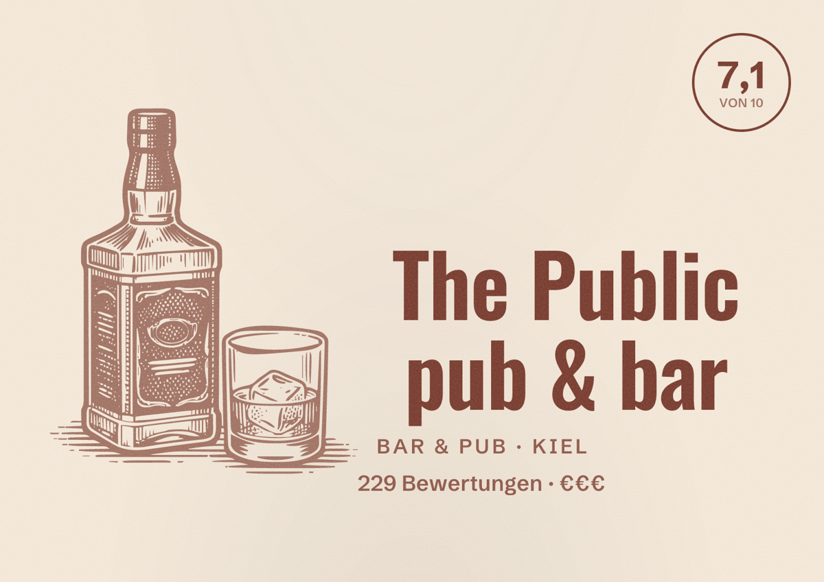 Illustriertes Poster von The Public pub & bar, Bar & Pub in Kiel: Bewertung 7,1 von 10 aus 229 Bewertungen, Preisniveau €€€
