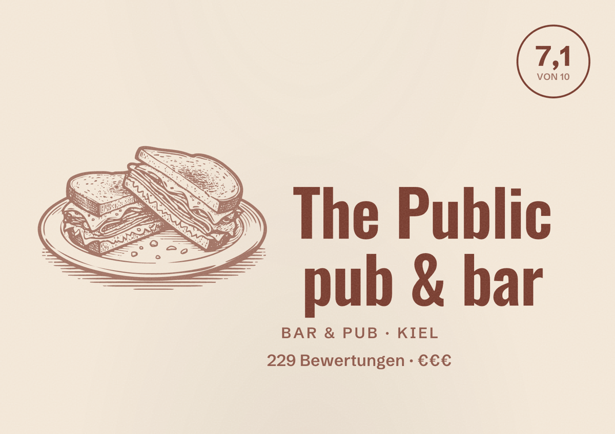 Illustriertes Poster von The Public pub & bar, Bar & Pub in Kiel: Bewertung 7,1 von 10 aus 229 Bewertungen, Preisniveau €€€