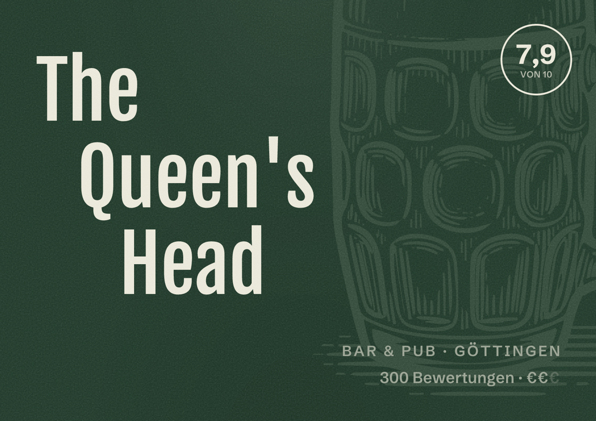Illustriertes Poster von The Queen's Head, Bar & Pub in Göttingen: Bewertung 7,9 von 10 aus 300 Bewertungen, Preisniveau €€