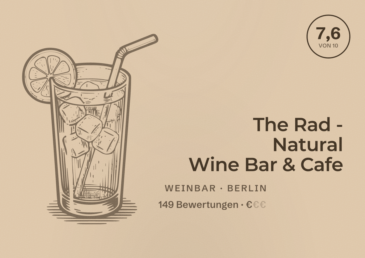 Illustriertes Poster von The Rad - Natural Wine Bar & Cafe, Weinbar in Berlin: Bewertung 7,6 von 10 aus 149 Bewertungen, Preisniveau €