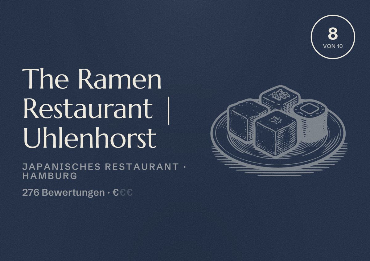 Illustriertes Poster von The Ramen Restaurant | Uhlenhorst, Japanisches Restaurant in Hamburg: Bewertung 8,0 von 10 aus 276 Bewertungen, Preisniveau €