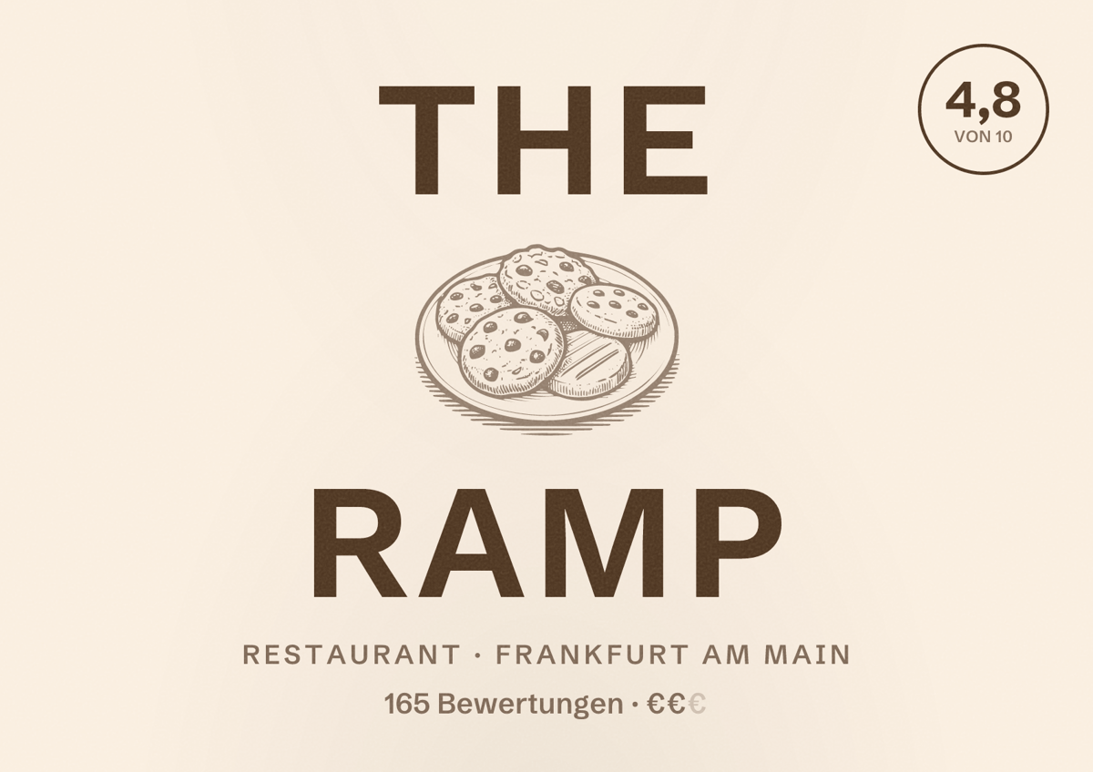 Illustriertes Poster von The Ramp, Restaurant in Frankfurt am Main: Bewertung 4,8 von 10 aus 165 Bewertungen, Preisniveau €€