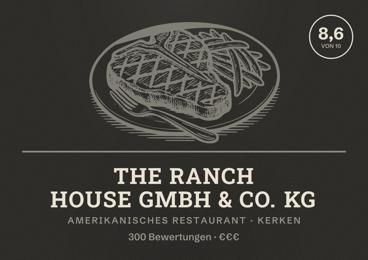 Illustriertes Poster von The Ranch House GmbH & Co. KG, Amerikanisches Restaurant in Kerken: Bewertung 8,6 von 10 aus 300 Bewertungen, Preisniveau €€€