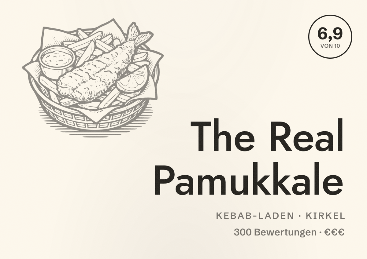 Illustriertes Poster von The Real Pamukkale, Kebab-Laden in Kirkel: Bewertung 6,9 von 10 aus 300 Bewertungen, Preisniveau €€€