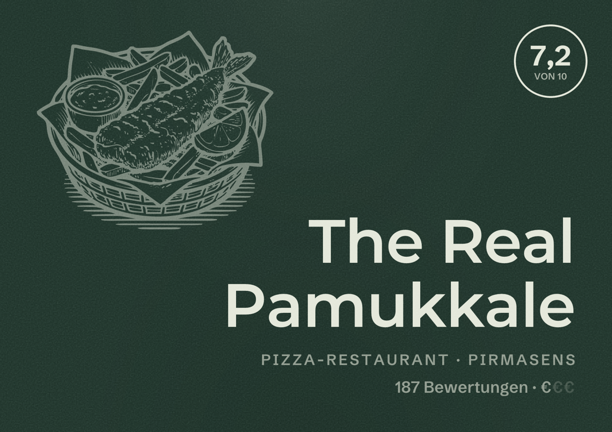 Illustriertes Poster von The Real Pamukkale, Pizza-Restaurant in Pirmasens: Bewertung 7,2 von 10 aus 187 Bewertungen, Preisniveau €