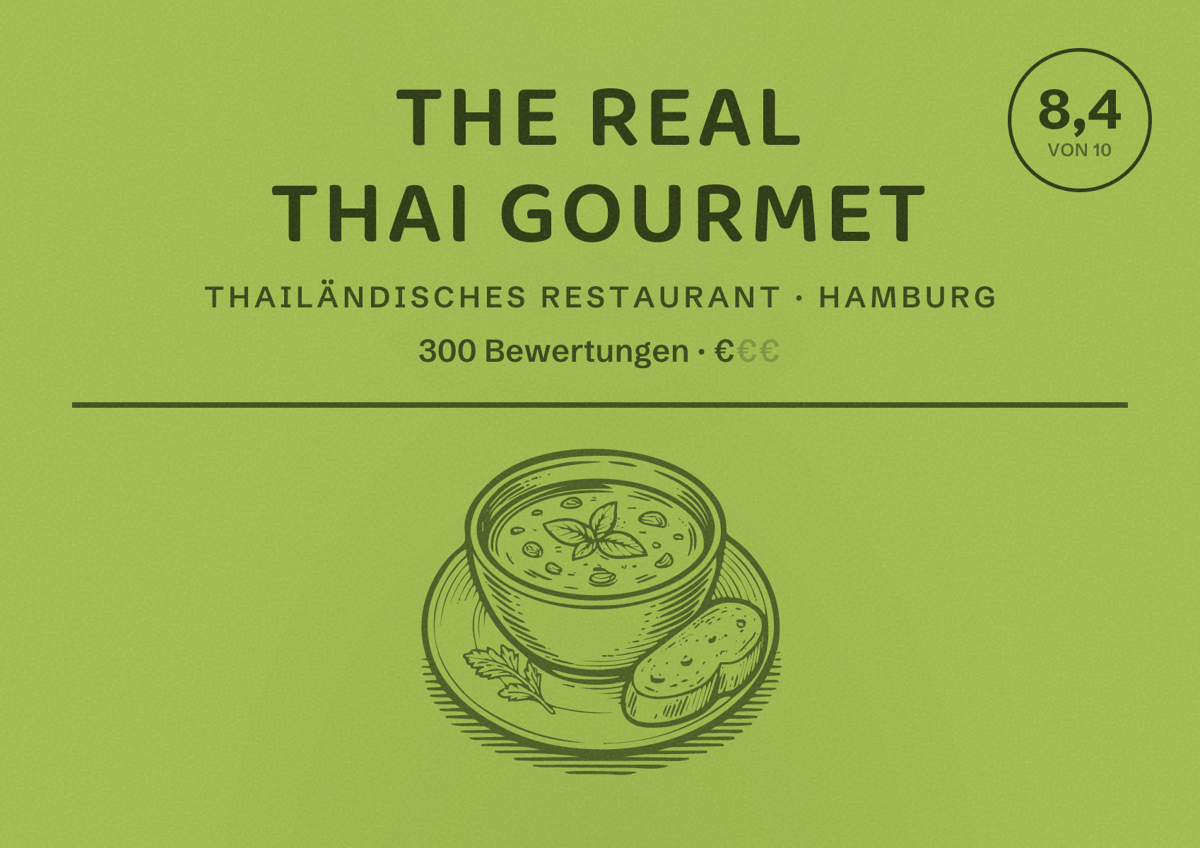 Illustriertes Poster von The Real Thai Gourmet, Thailändisches Restaurant in Hamburg: Bewertung 8,4 von 10 aus 300 Bewertungen, Preisniveau €