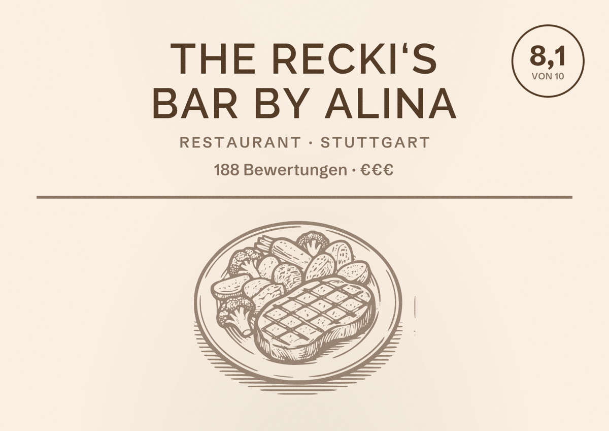 Illustriertes Poster von The Recki‘s Bar by Alina, Restaurant in Stuttgart: Bewertung 8,1 von 10 aus 188 Bewertungen, Preisniveau €€€