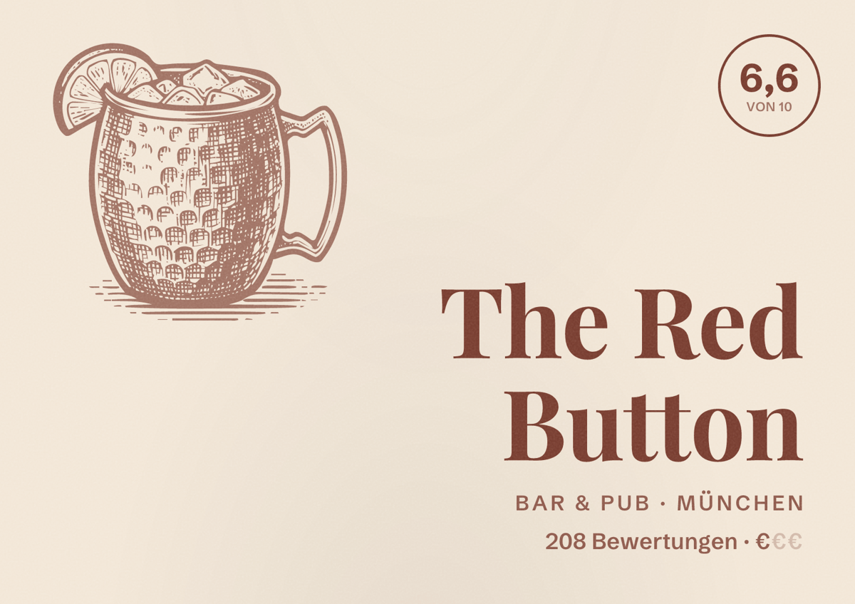 Illustriertes Poster von The Red Button, Bar & Pub in München: Bewertung 6,6 von 10 aus 208 Bewertungen, Preisniveau €