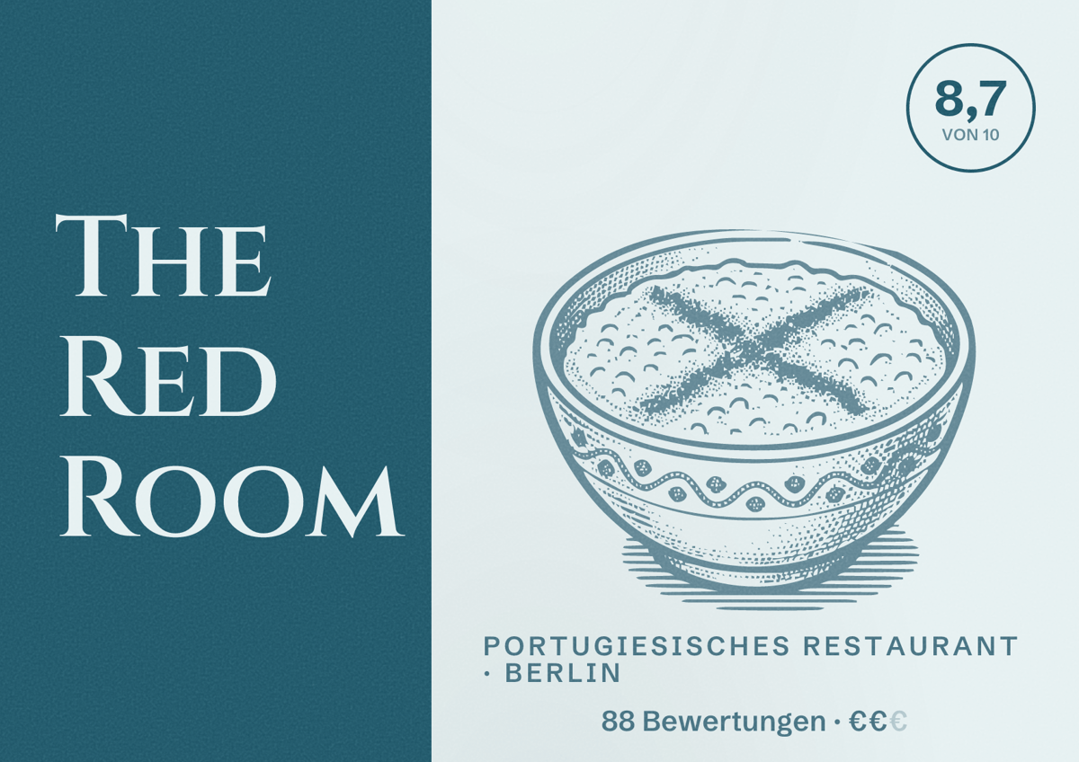 Illustriertes Poster von The Red Room, Portugiesisches Restaurant in Berlin: Bewertung 8,7 von 10 aus 88 Bewertungen, Preisniveau €€