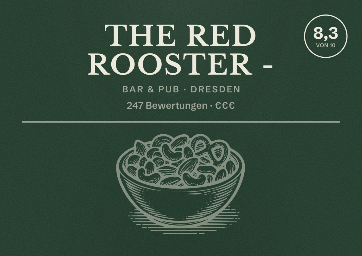 Illustriertes Poster von The Red Rooster -, Bar & Pub in Dresden: Bewertung 8,3 von 10 aus 247 Bewertungen, Preisniveau €€€