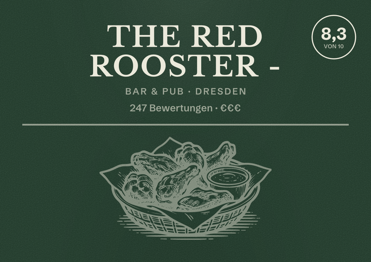 Illustriertes Poster von The Red Rooster -, Bar & Pub in Dresden: Bewertung 8,3 von 10 aus 247 Bewertungen, Preisniveau €€€