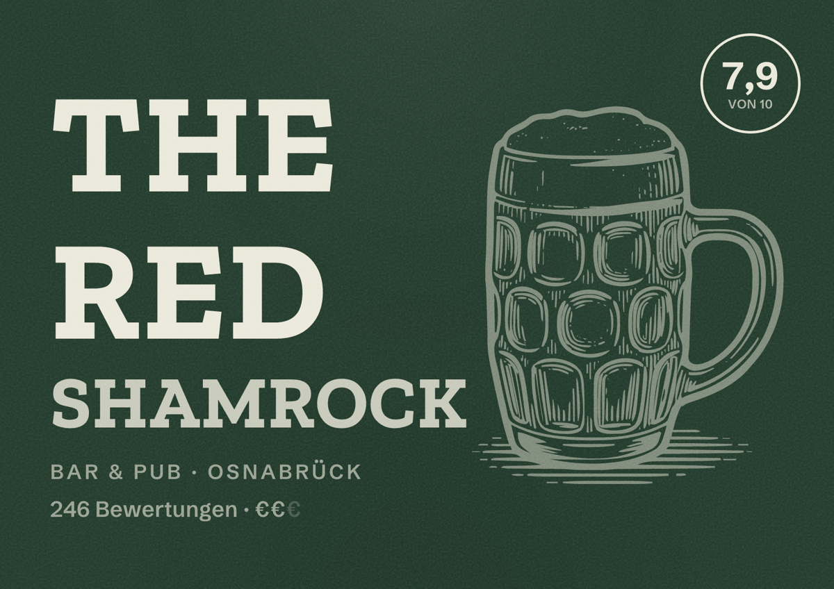 Illustriertes Poster von THE RED SHAMROCK, Bar & Pub in Osnabrück: Bewertung 7,9 von 10 aus 246 Bewertungen, Preisniveau €€