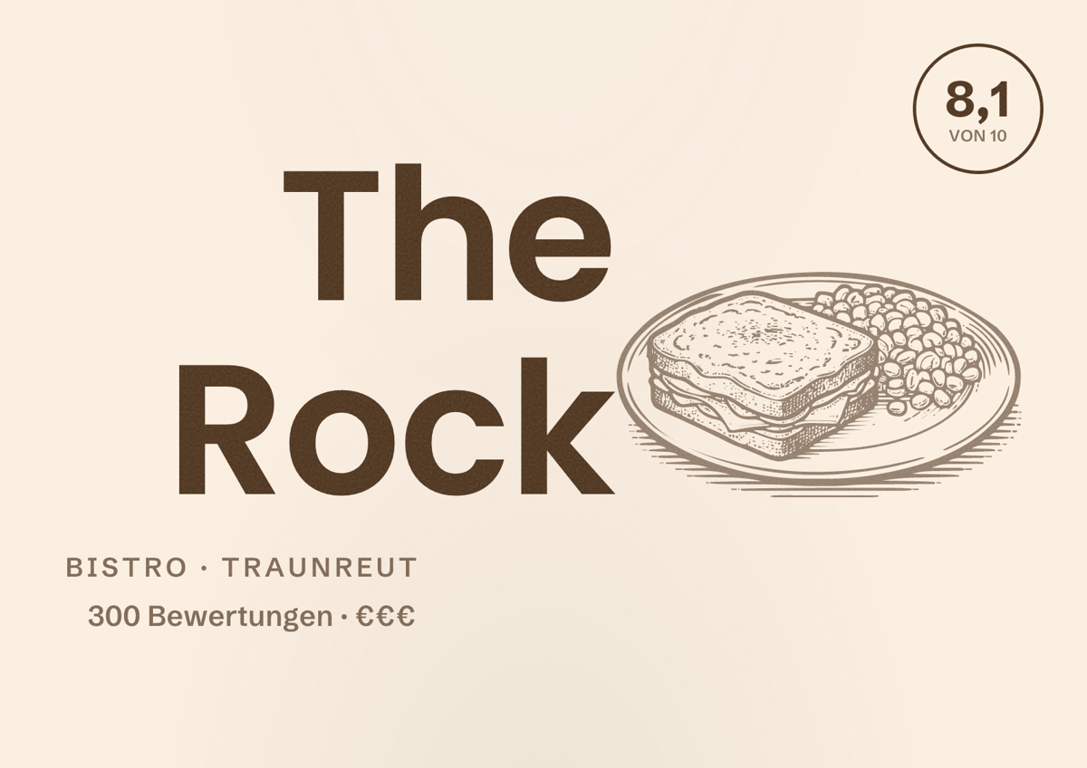 Illustriertes Poster von The Rock, Bistro in Traunreut: Bewertung 8,1 von 10 aus 300 Bewertungen, Preisniveau €€€